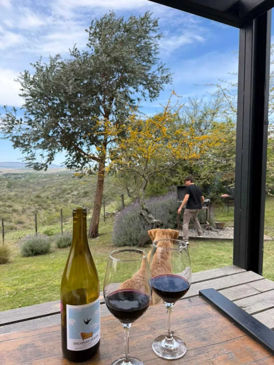 Vino de Córdoba servido en el deck con vista al valle